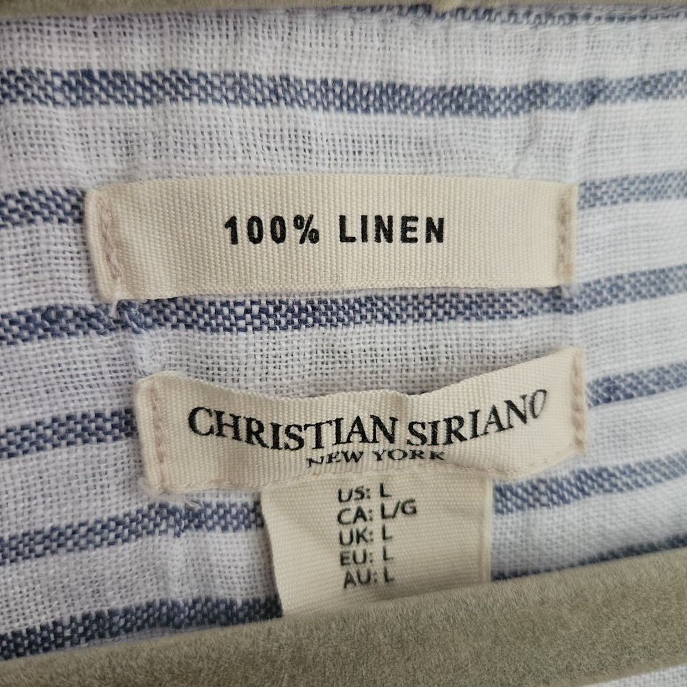 Christian Siriano L Womens Linen Striped Button Down Blue White Nautical Coastal - Picture 5 of 8